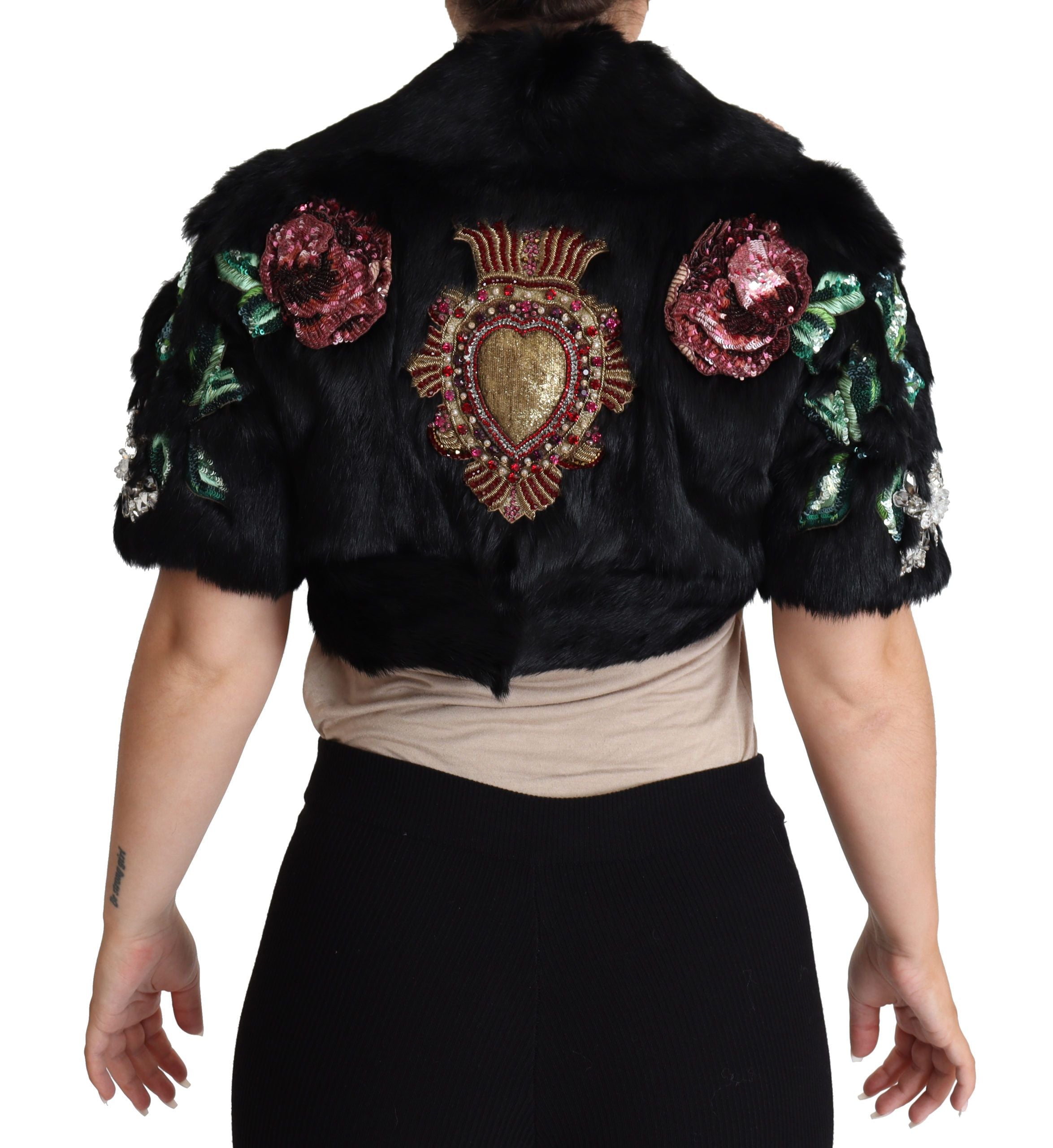 Sequin & Crystal-Embellished Rabbit Fur Jacket — Black