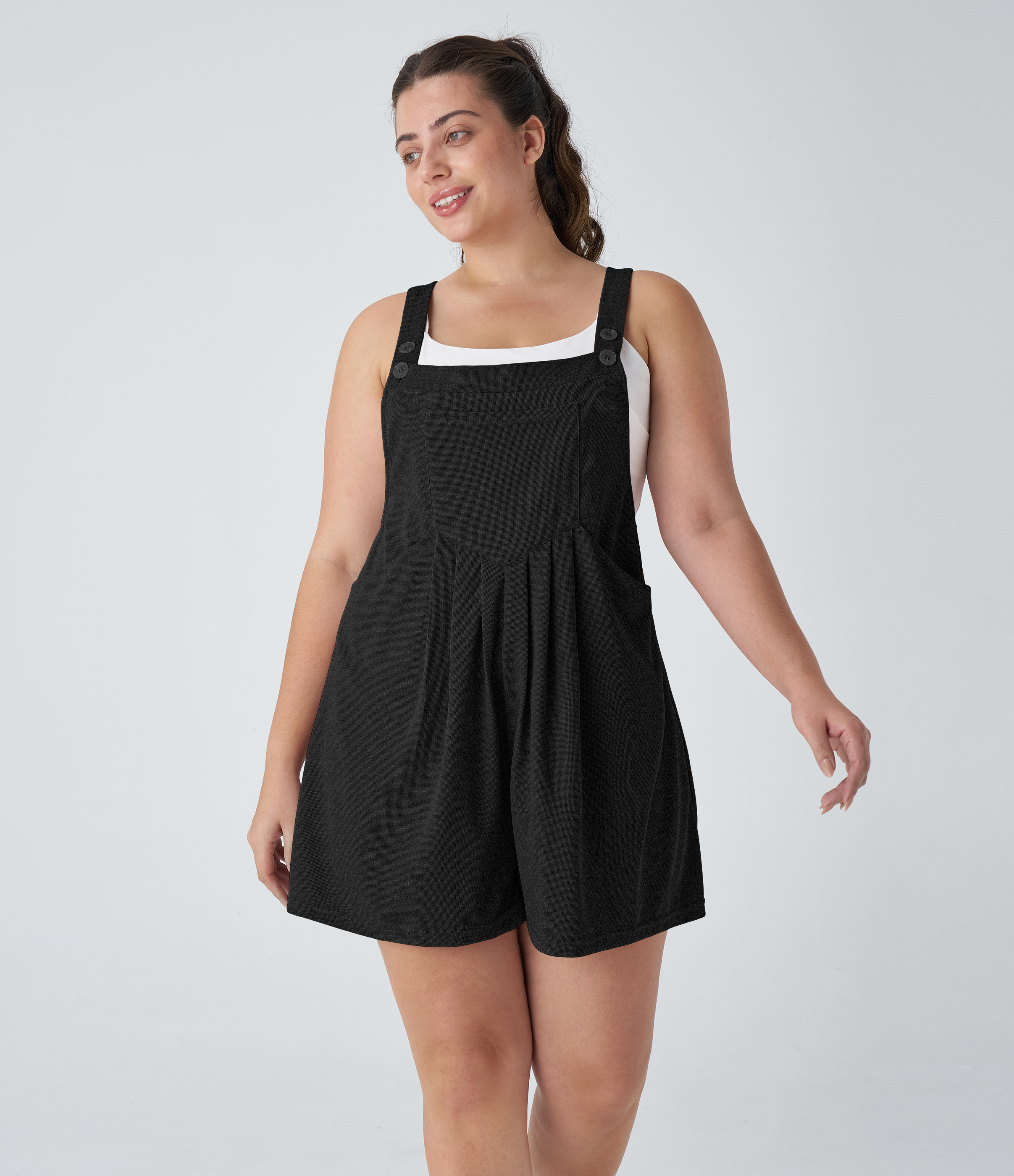 Pockets Waffle Casual Plus Size Overalls  - Black