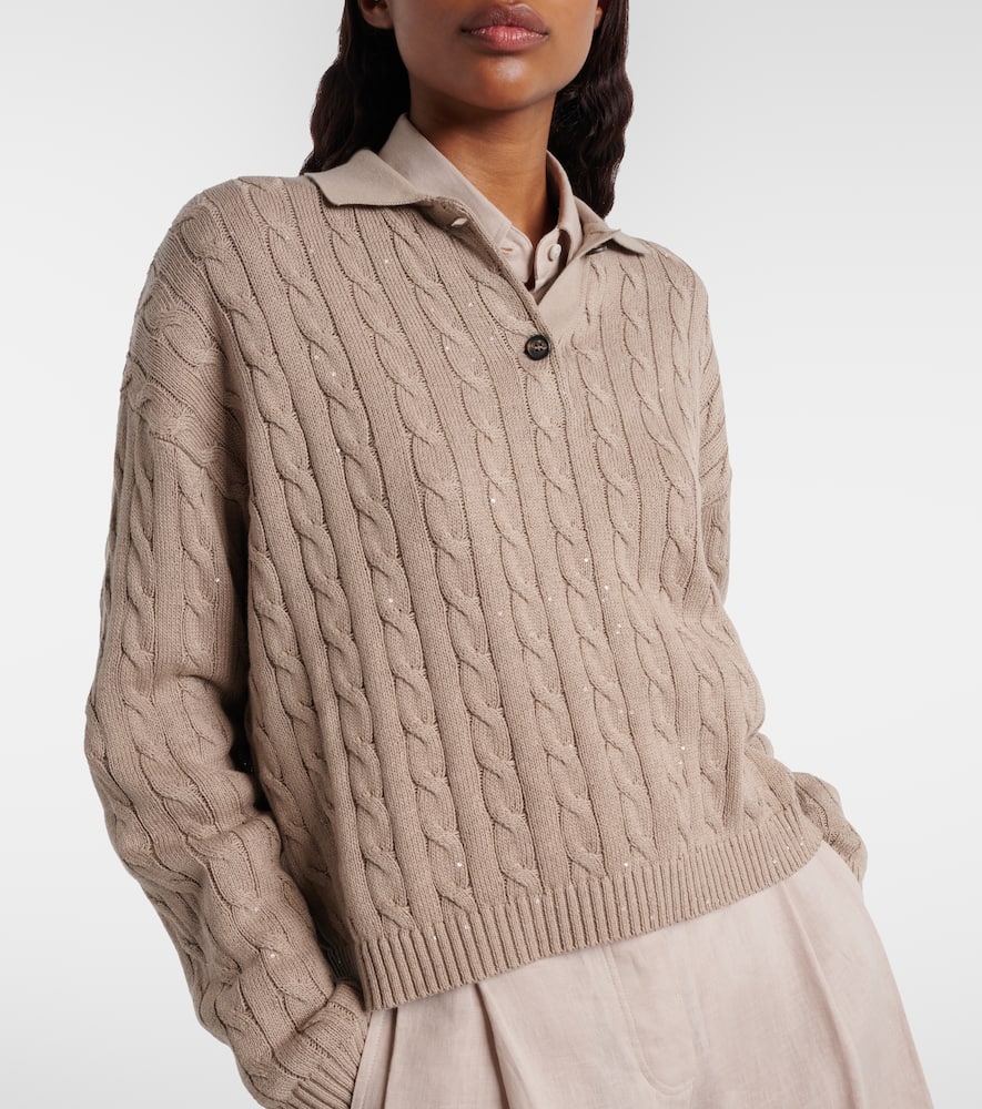 Cable-knit cotton-blend polo sweater