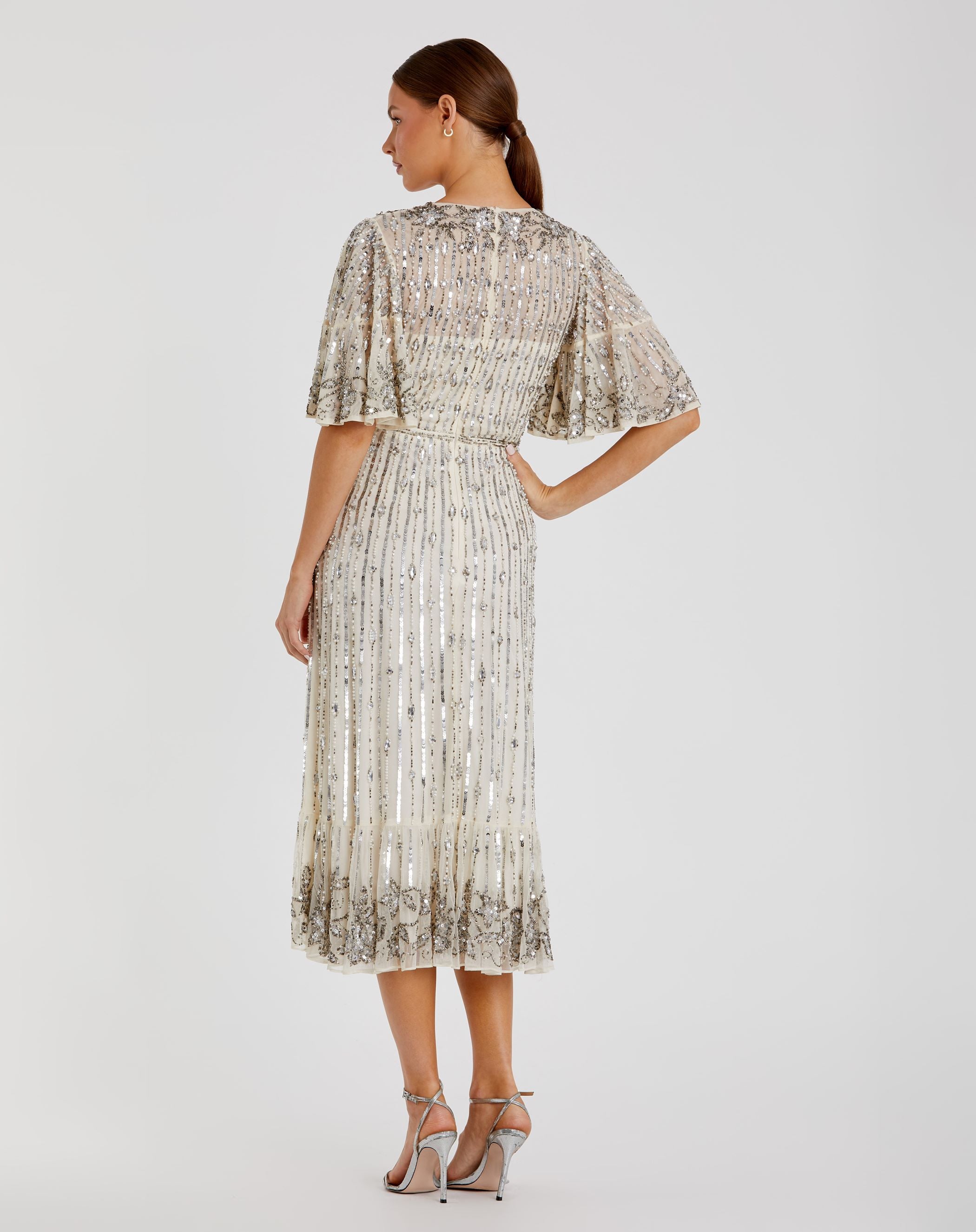 Flounce Sleeve Midi Dress In Sand Silver