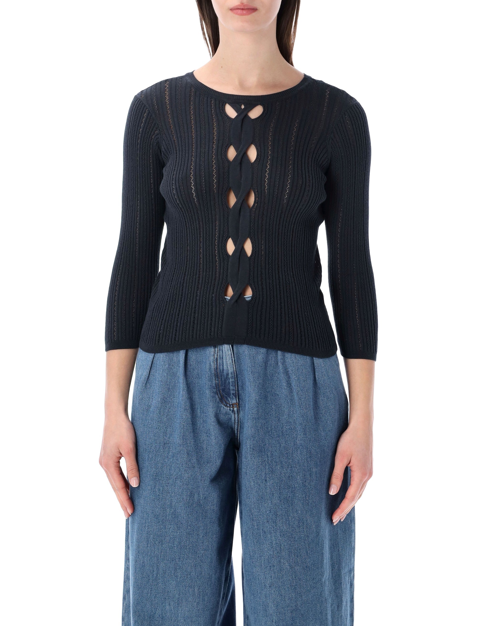 Reversible Rib-Knit Sweater with 3/4-Length Sleeves