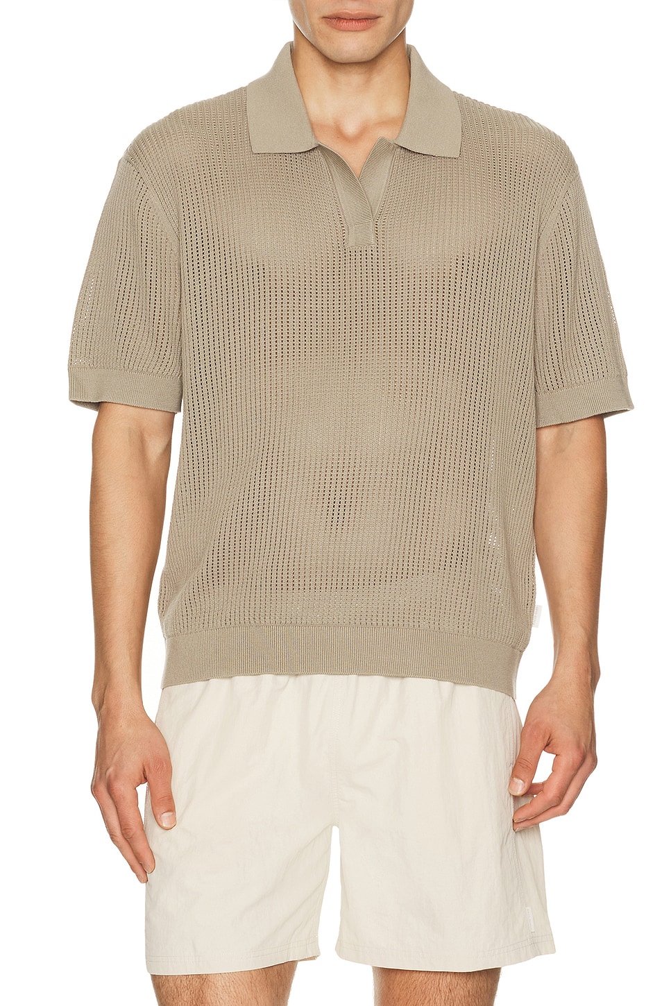 AUTO-REPLY Knit Mesh Johnny Collar Polo in Pumice - Olive. S also in M, L, XL/1X