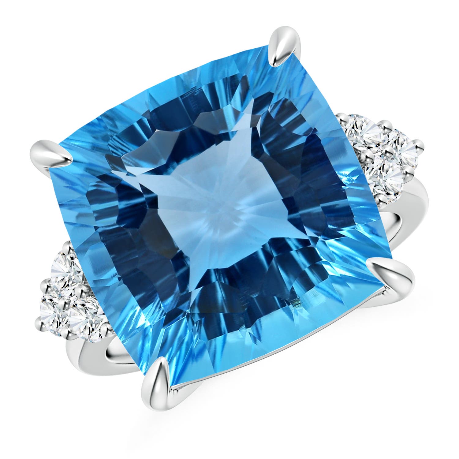 Angara 16.45 Carats GIA Certified Cushion Swiss Blue Topaz Engagement Ring with Trio Diamonds in Platinum