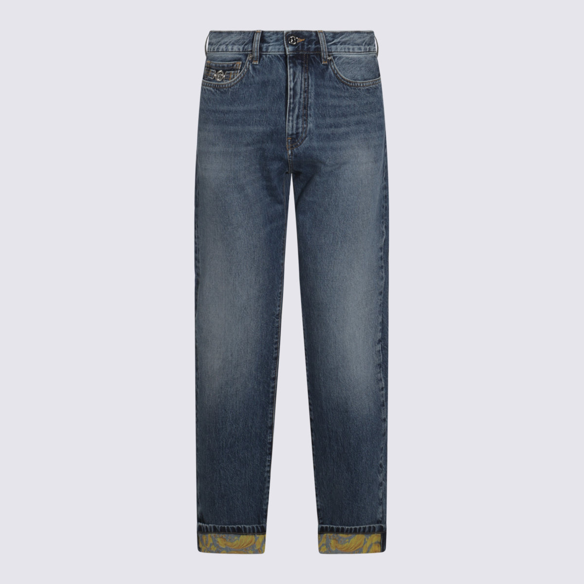 Stretch Cotton Denim Jeans With Baroque Pattern