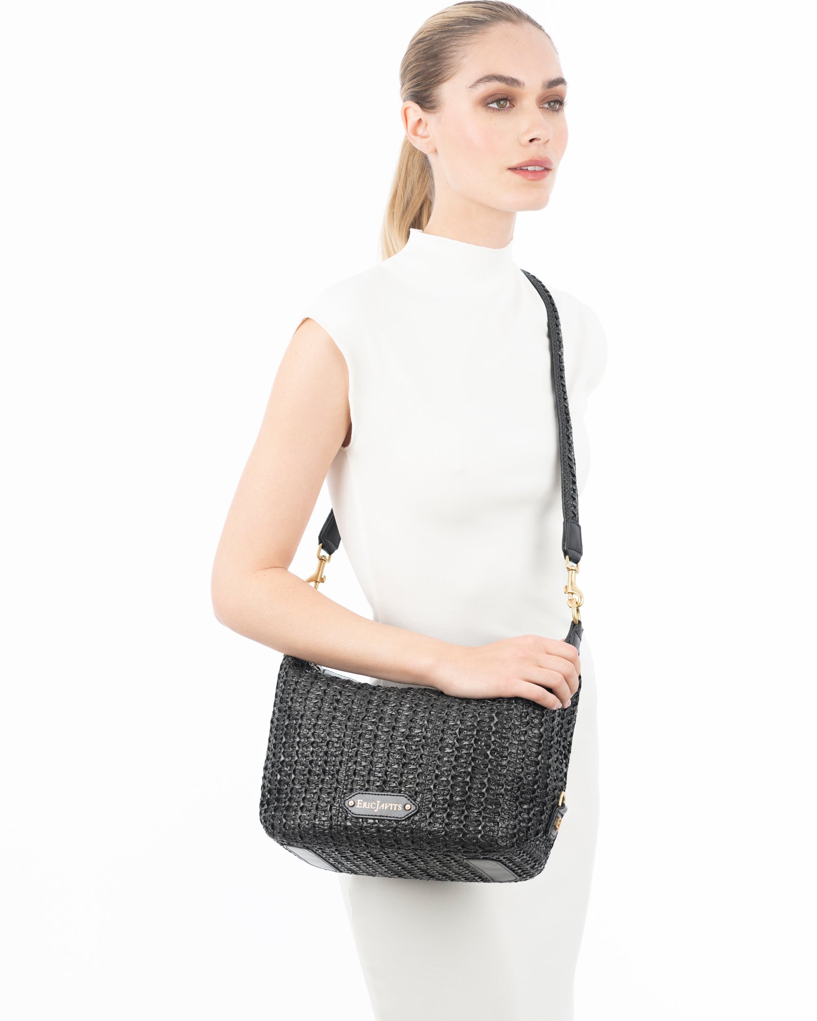 Woven Raffia Hobo Bag with Leather Trim - Natural Color
