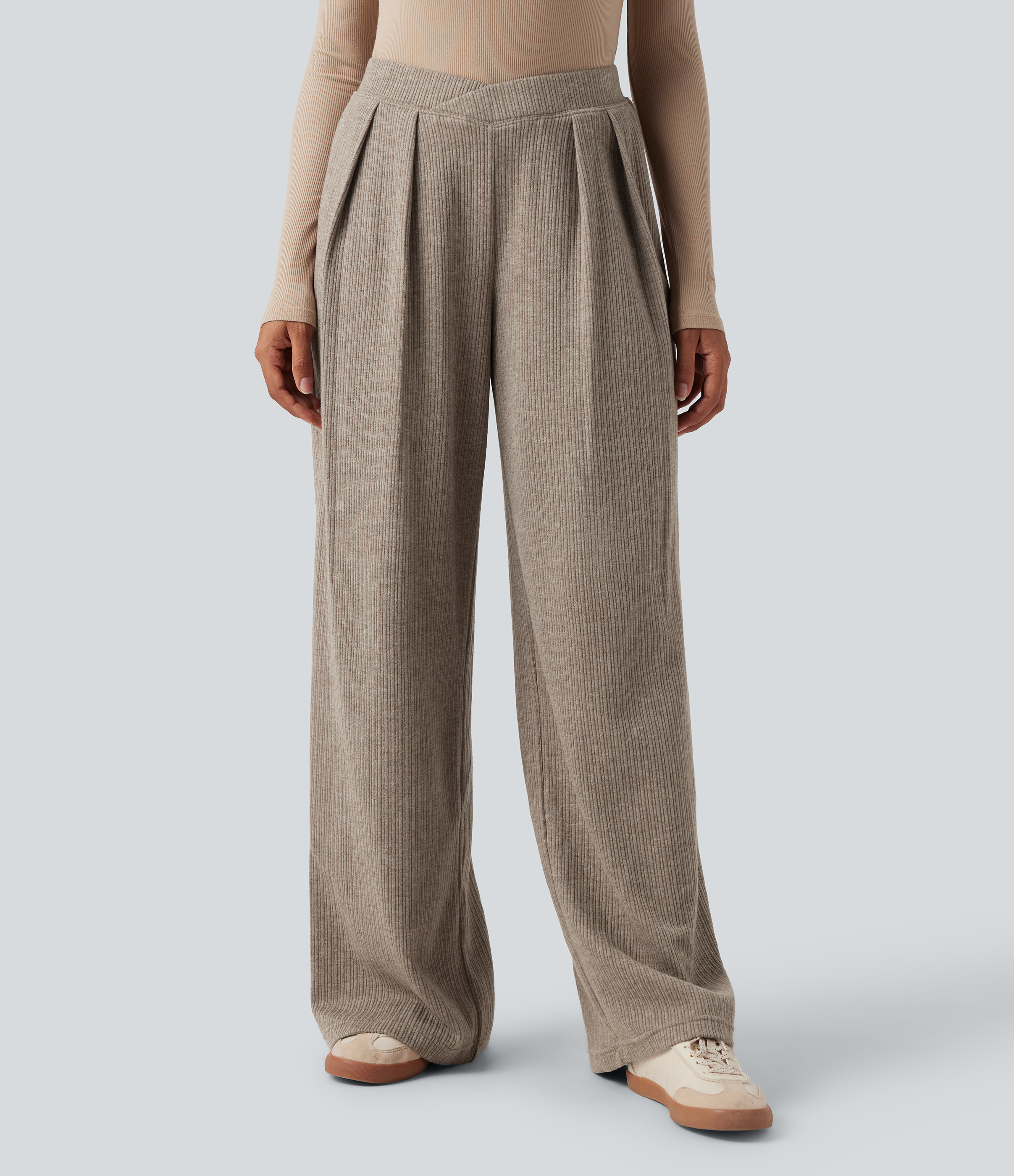 Ribbed High Waisted Crossover Straight Leg Casual Pants with Pockets  - Mocha Meringue