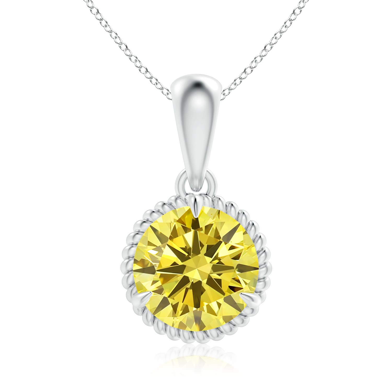 Angara 2.01 Carats Rope-Framed Claw-Set Lab-Grown Fancy Intense Yellow Diamond Solitaire Pendant in 18K White Gold