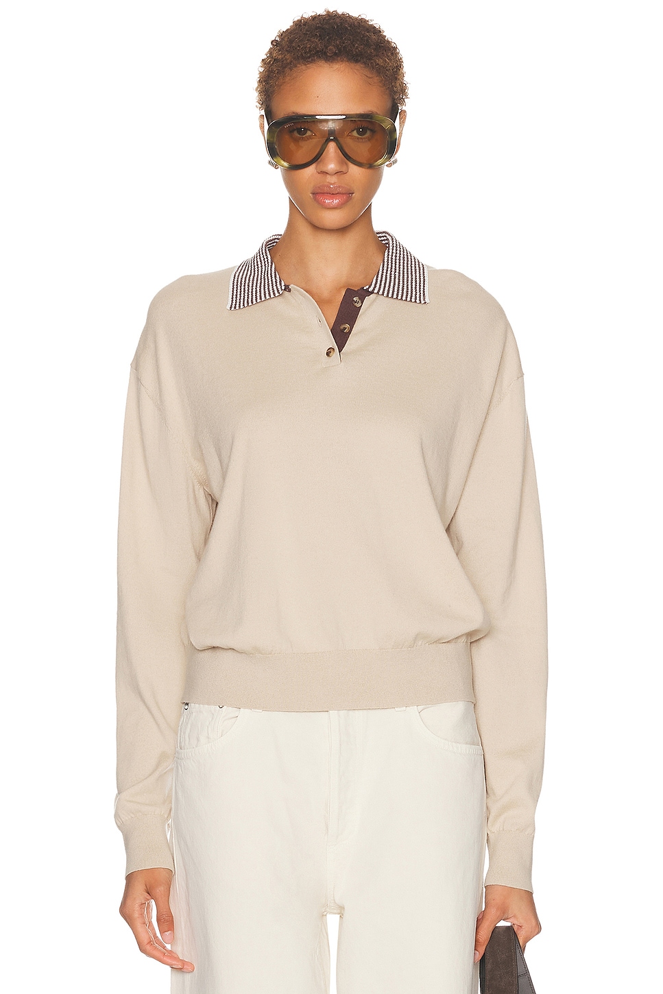 SRG Marielle Long Sleeve Knit Polo in Tan - Tan. L also in XXS, XS, S