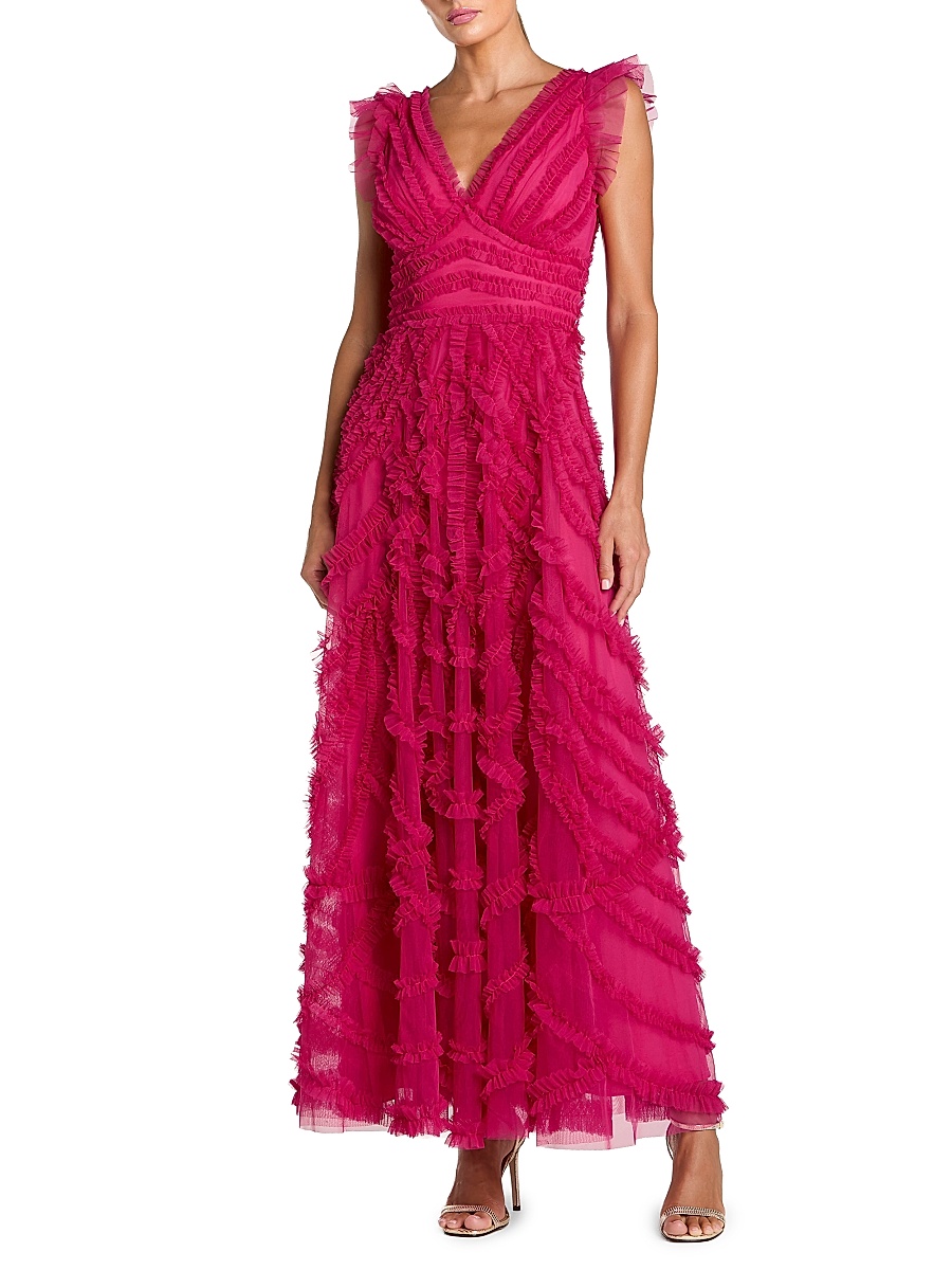 Women's Ruffled Mesh Midi-Dress - Fuchsia