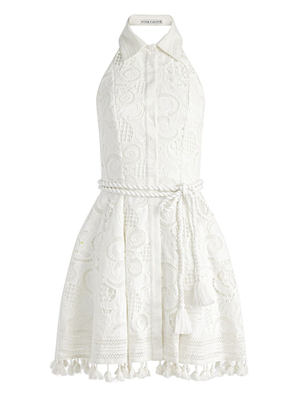 Embroidered belted mini dress - White