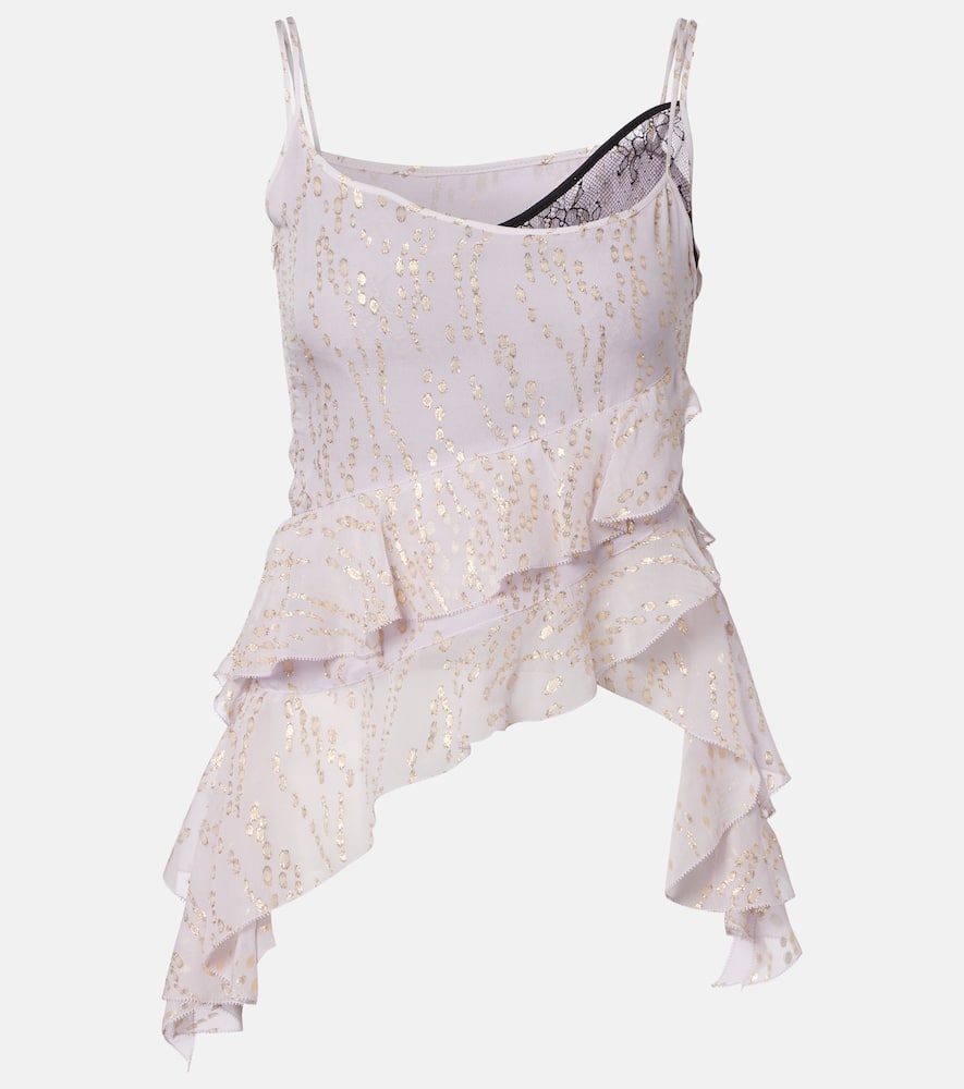 Printed ruffled asymmetric silk-blend top