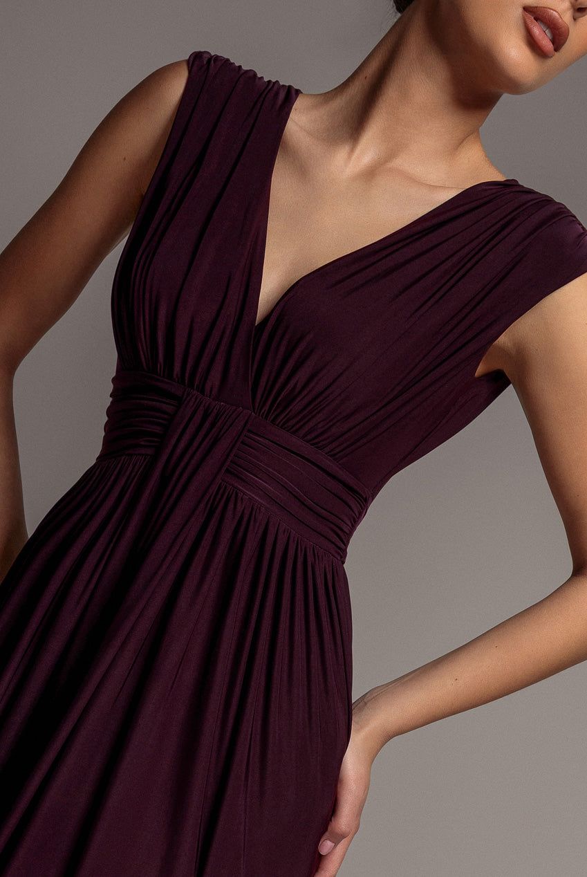 Goddiva Gathered Shoulder Wrap Neck Draped Waist Maxi Dress In Burgundy