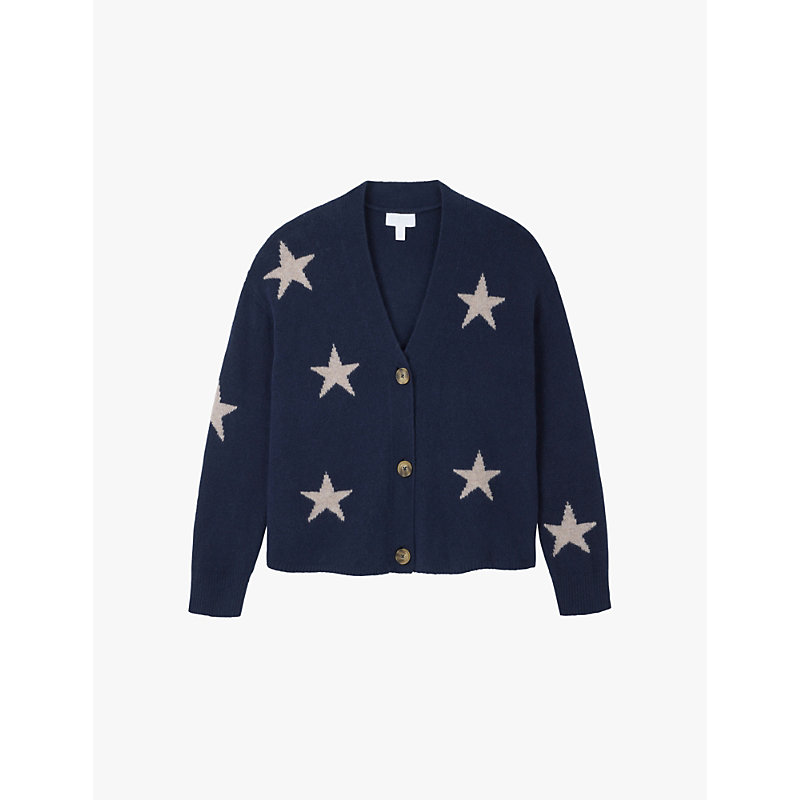 Womens Navy Star-intarsia Round-neck Organic Cotton-blend Knitted Cardigan 