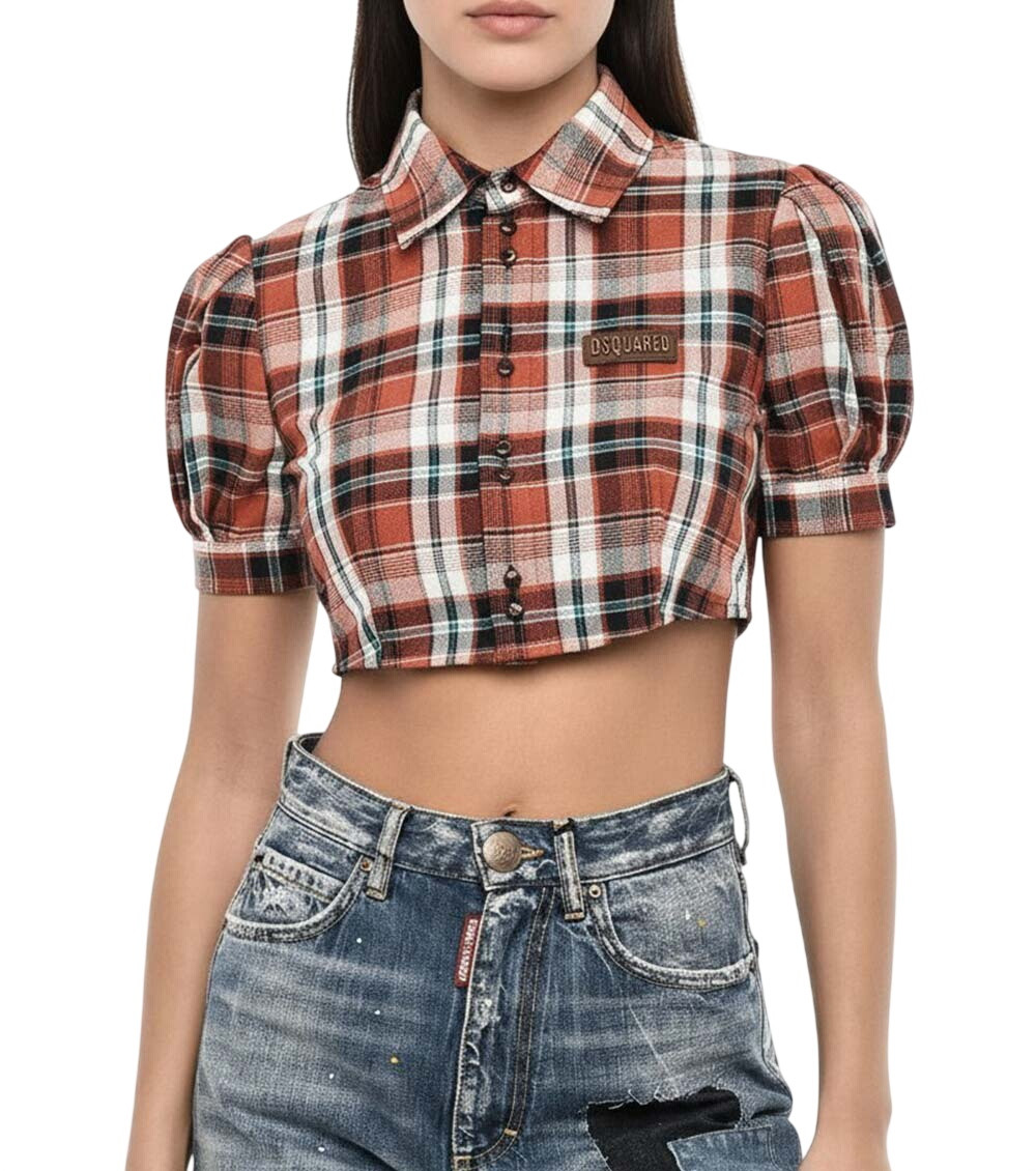 Multicolor Checks Shirt Collar Top