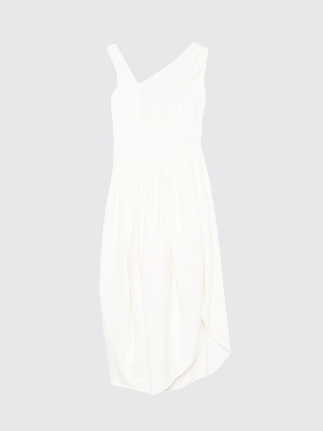 Asymmetrical Off-The-Shoulder Midi Dress in Ramie and Viscose