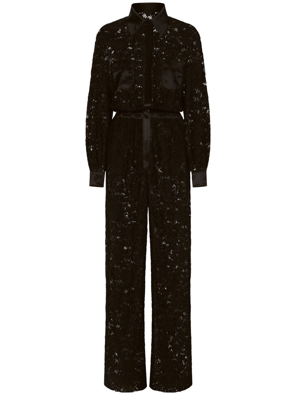 Lace-Trim Long-Sleeve Jumpsuit — Black