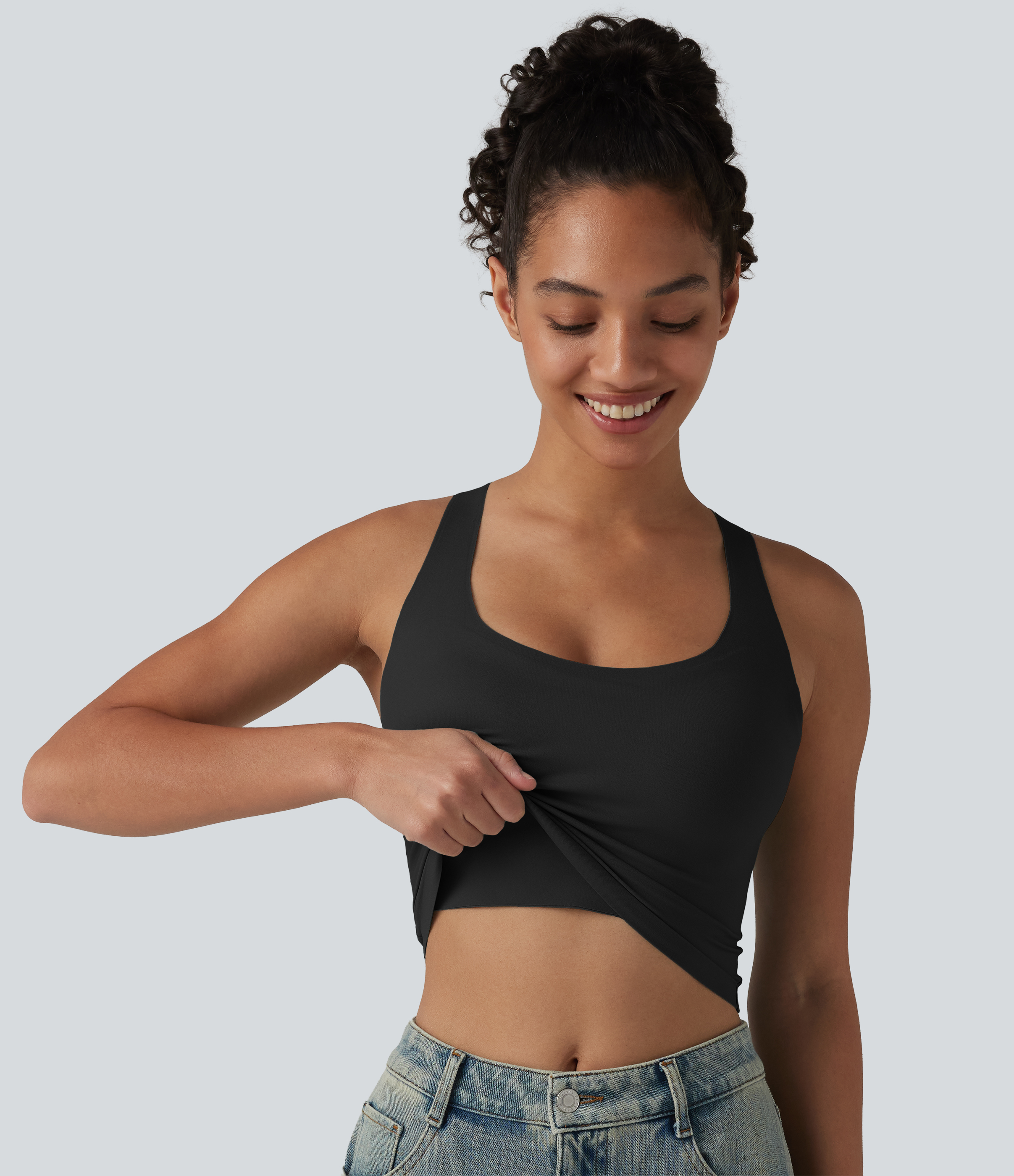 U Neck Built-in Bra Cropped Casual Tank Top B-E Cups  - Black