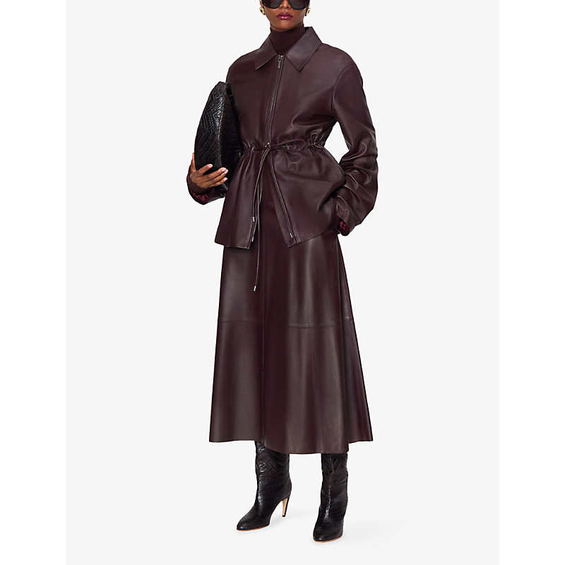 Womens Mahogany Helius A-Line Leather Midi Skirt