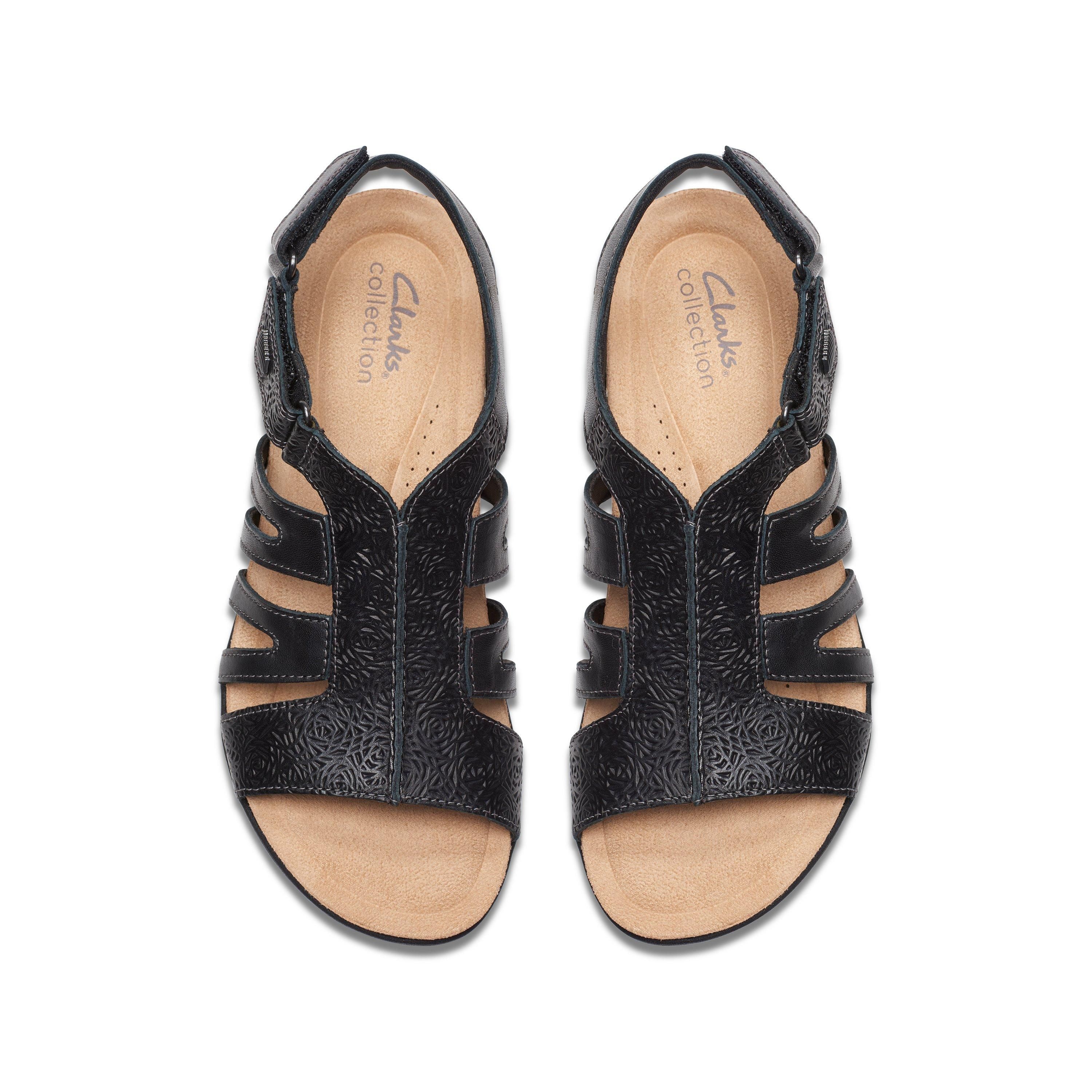 Clarks April Belle Black Leather Flat Sanda