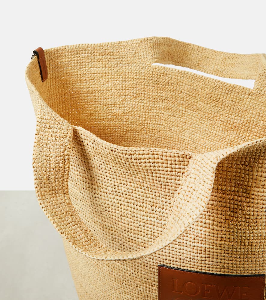 Large leather-trimmed raffia tote bag
