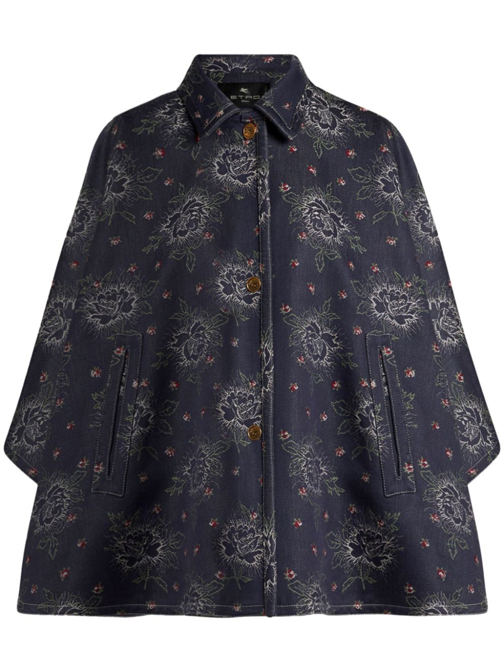 Floral-pattern jacquard denim cape - Blue
