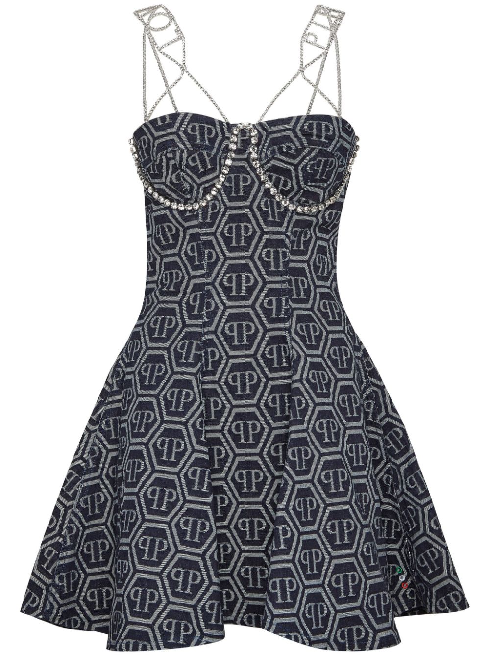 Monogram-jacquard denim mini dress - Blue