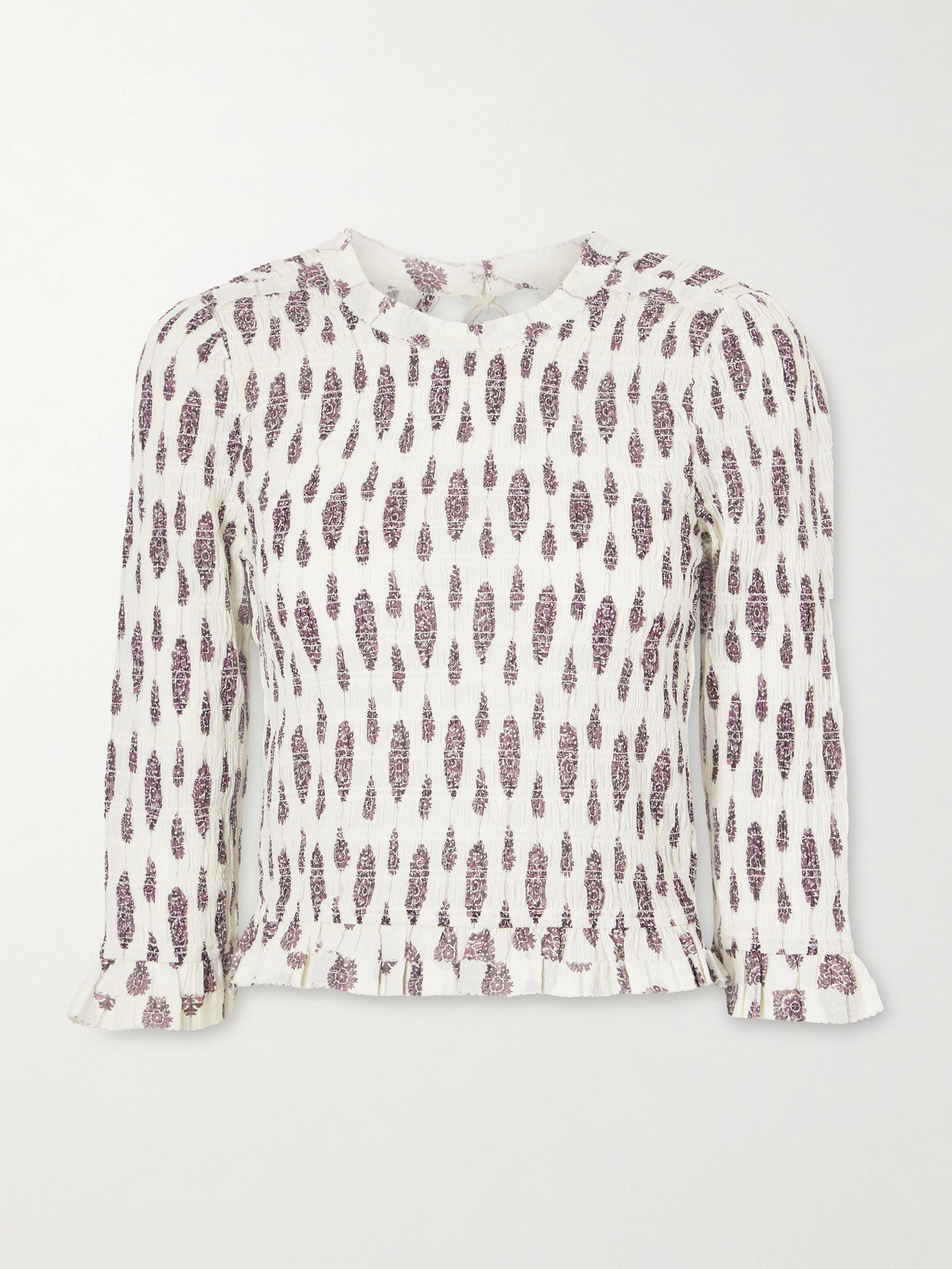 Open-back Ruffled Floral-print Smocked Cotton Blouse - Ecru