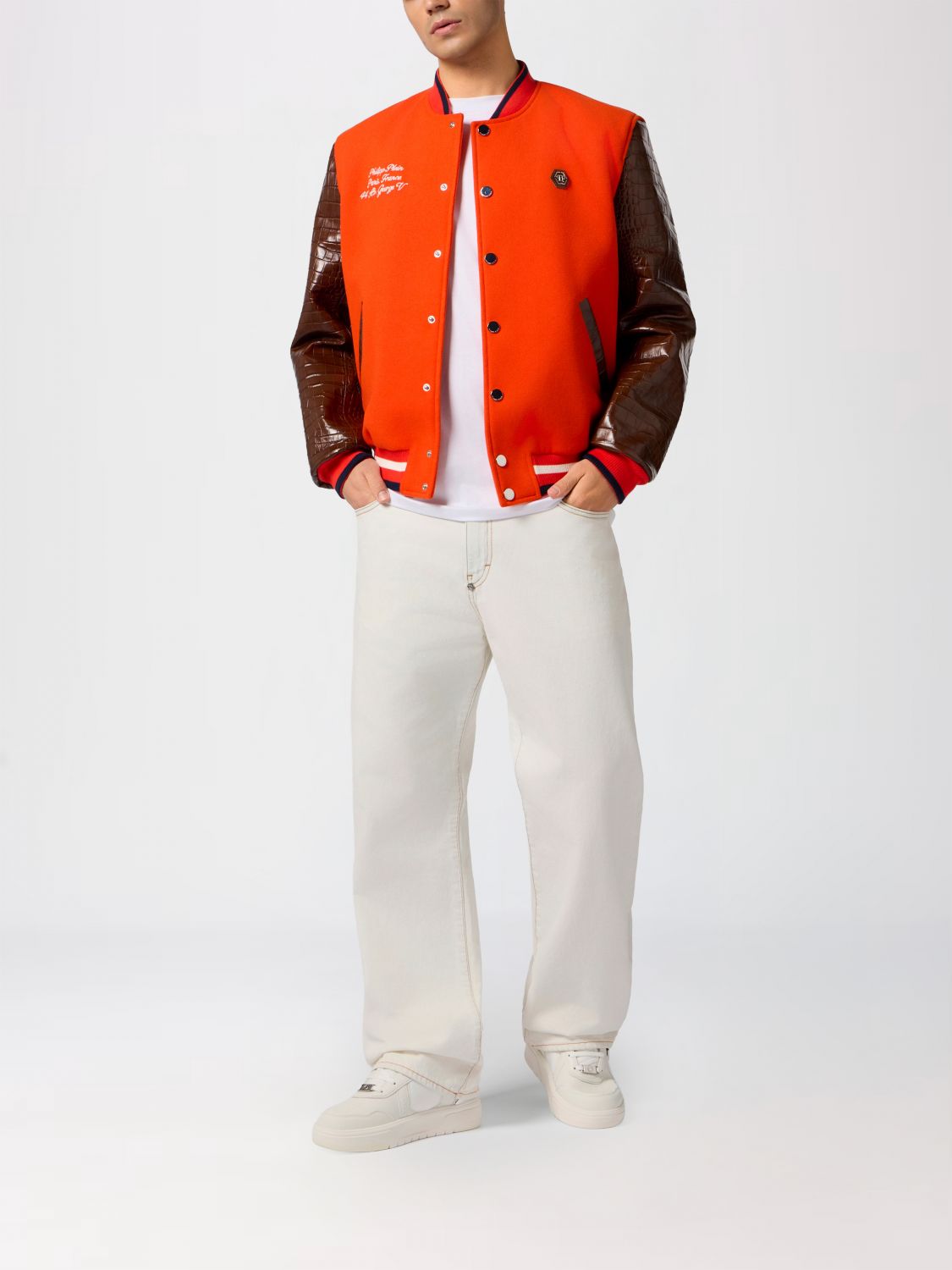 Two-Tone Crocodile-Effect Calfskin Leather Varsity Bomber Jacket