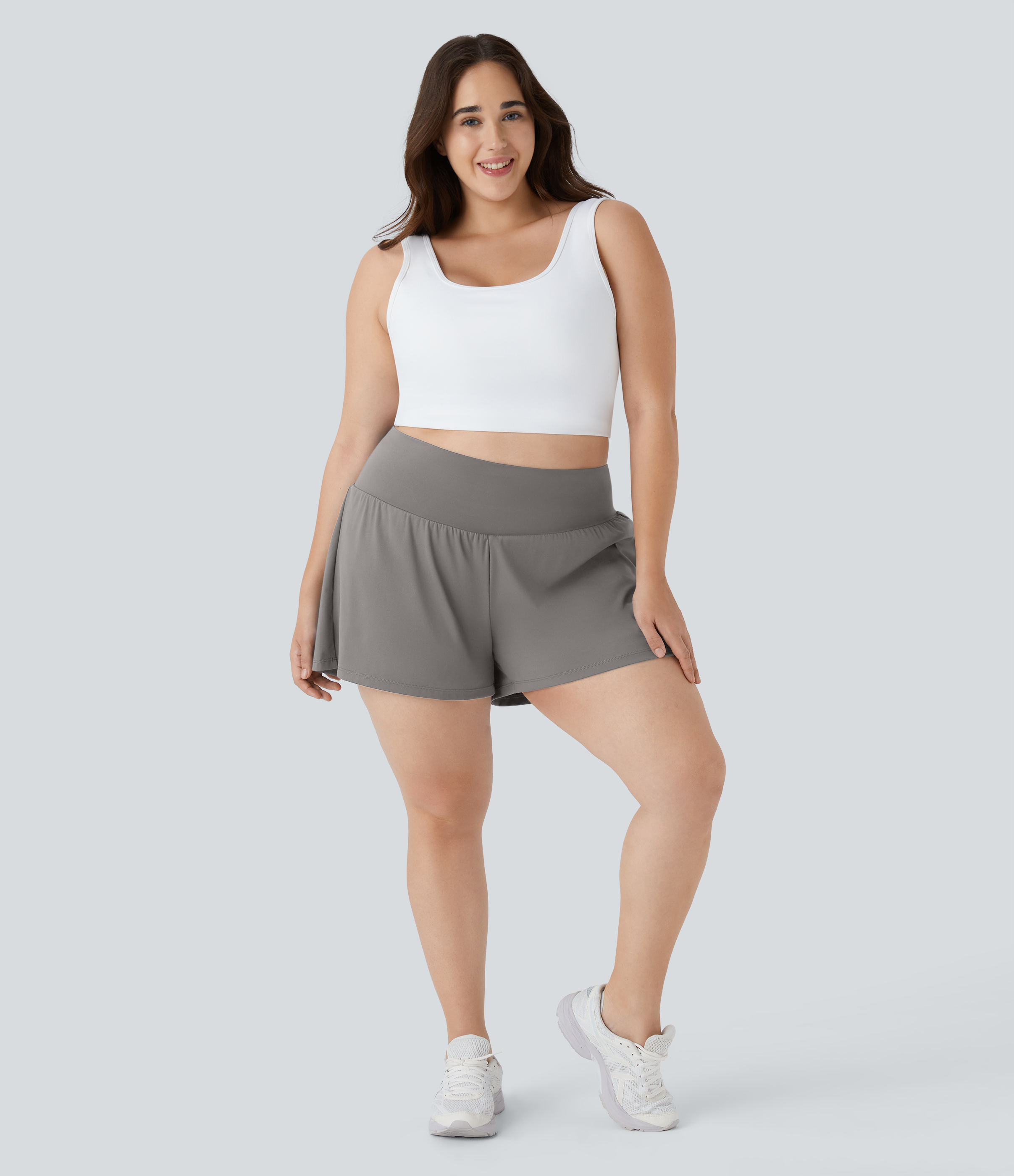 Super High Waisted Pocket & Pocket 2-in-1 Yoga Plus Size Shorts 4''-Longer Length Gym Short - Steeple Gray