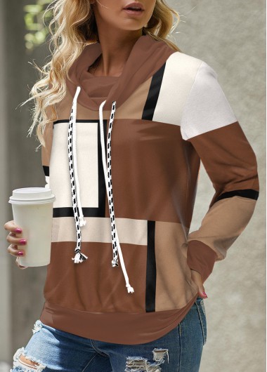 Modlily Dark Coffee Lace Up Geometric Print Sweatshirt