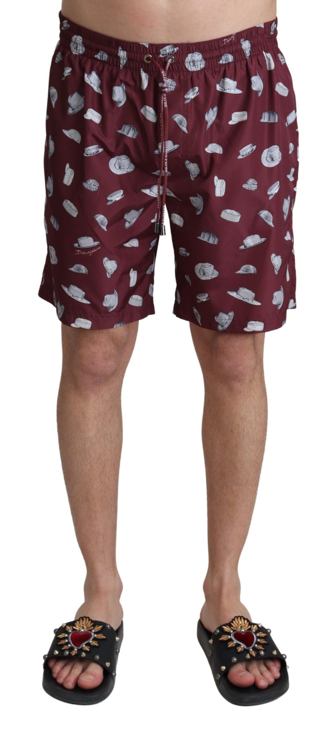 Hat-Print Polyester Swim Shorts — Maroon