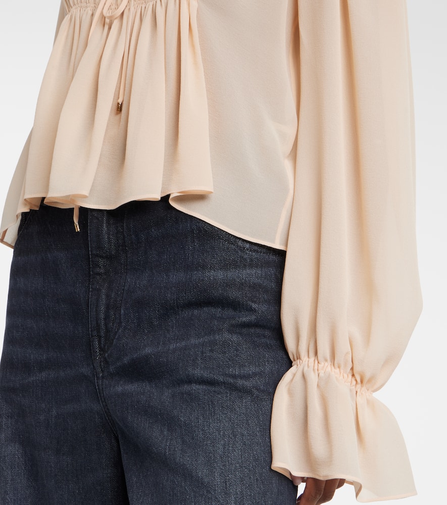 Chloé Shirred cropped lace-trimmed silk blouse