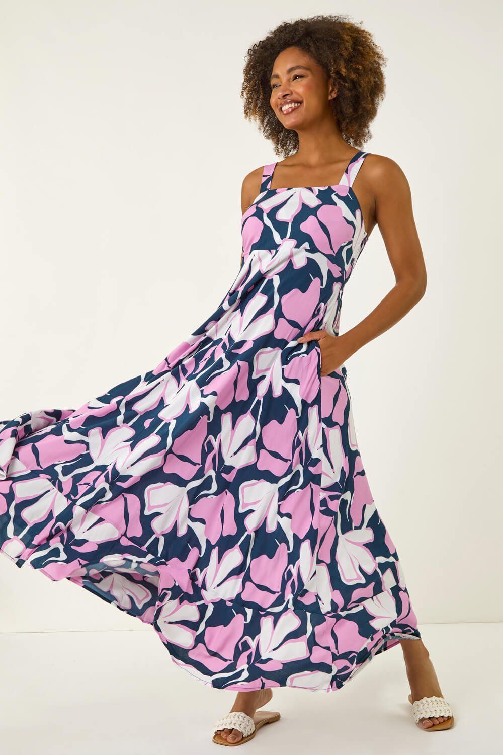 Roman Women's Floral Strappy Maxi Dress in Navy