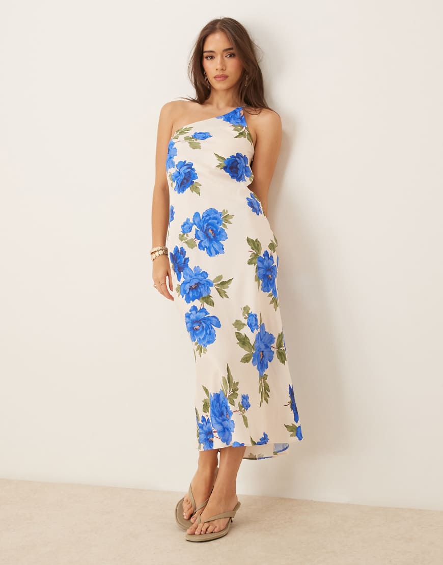 Nobody's Child Ellie satin one shoulder midi dress in blue floral