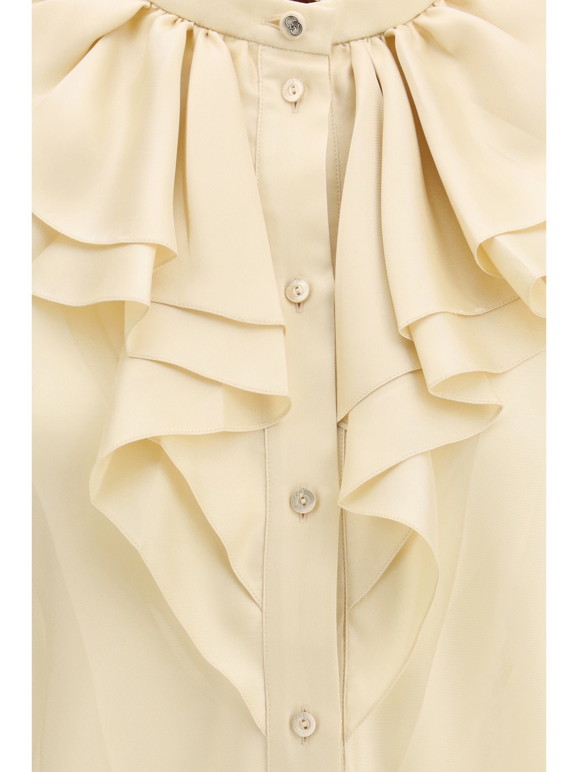 Silk Twill Ruffle-Trim Shirt — Beige