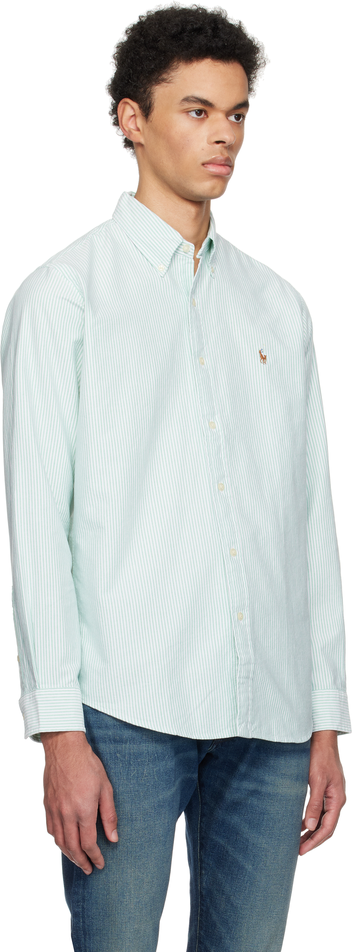 Polo Ralph Lauren グリーン＆ホワイト クラシックフィット ストライプ オックスフォードシャツ