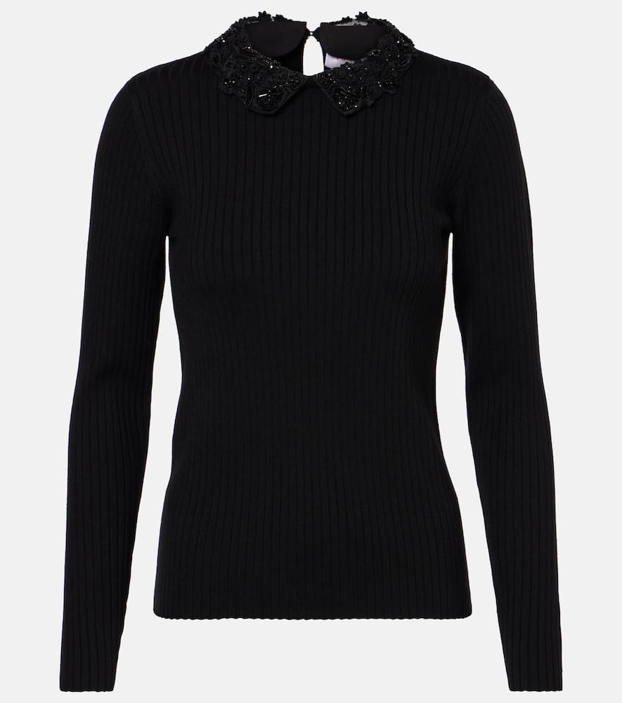 Embellished ribbed-knit wool top