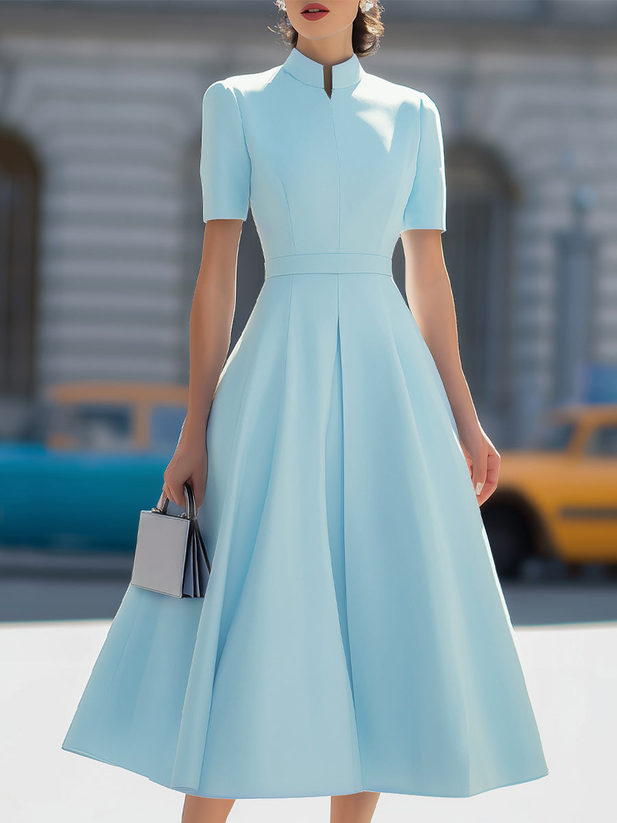 High Neck Short Sleeve Pleated Fit-and-Flare Midi Dress - Sky Blue