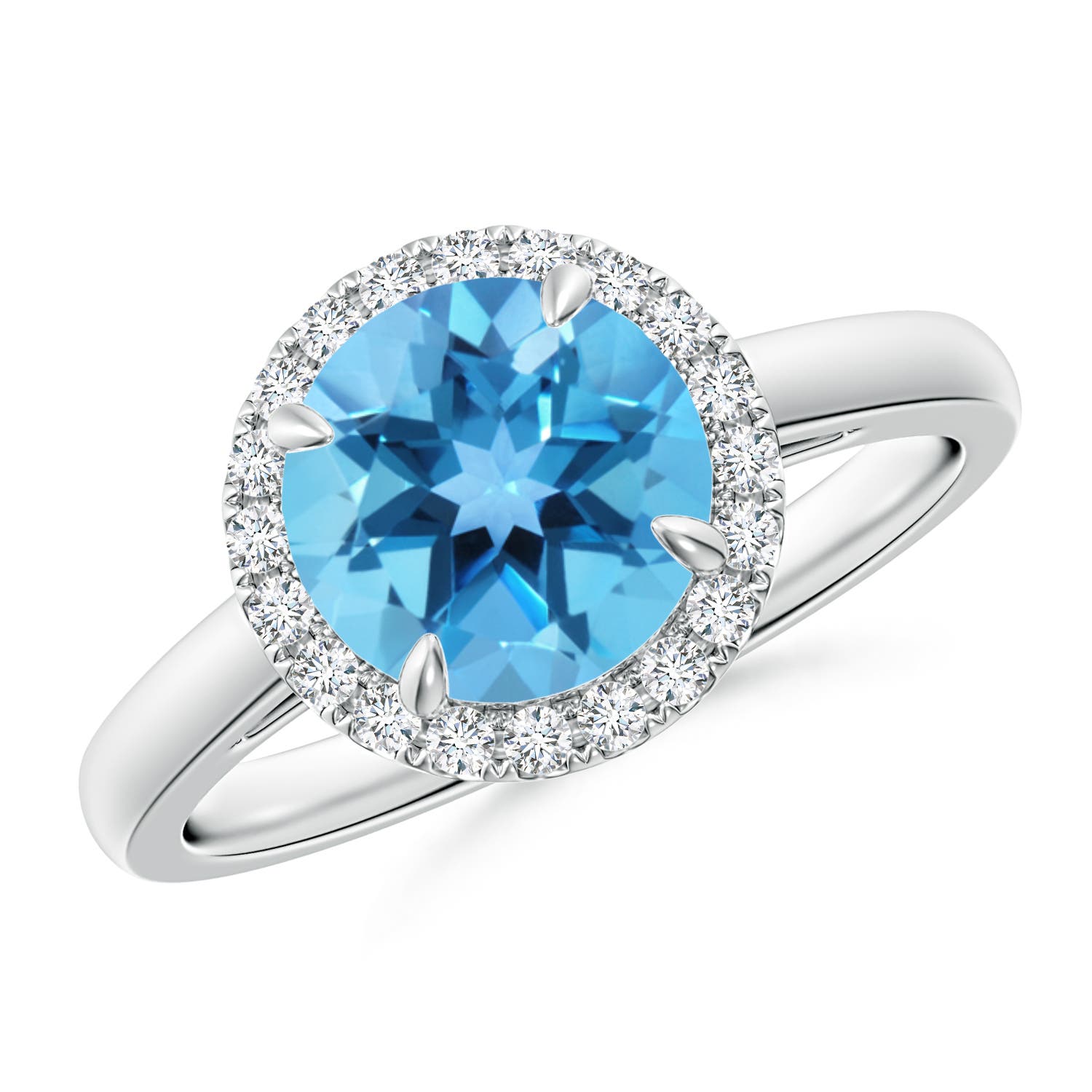 Angara 2.35 Carats Round Swiss Blue Topaz Cathedral Ring with Diamond Halo in Platinum