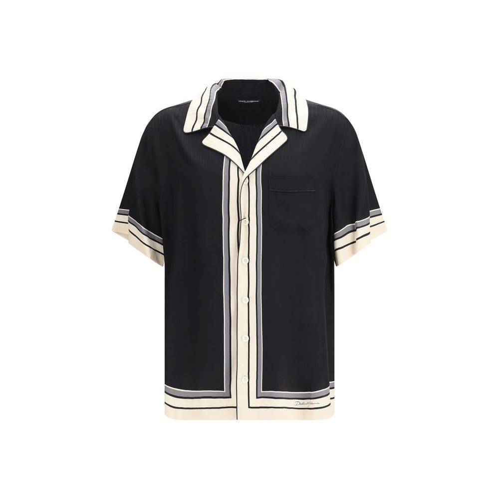 Silk with Logo and Striped Trim Shirt — Black