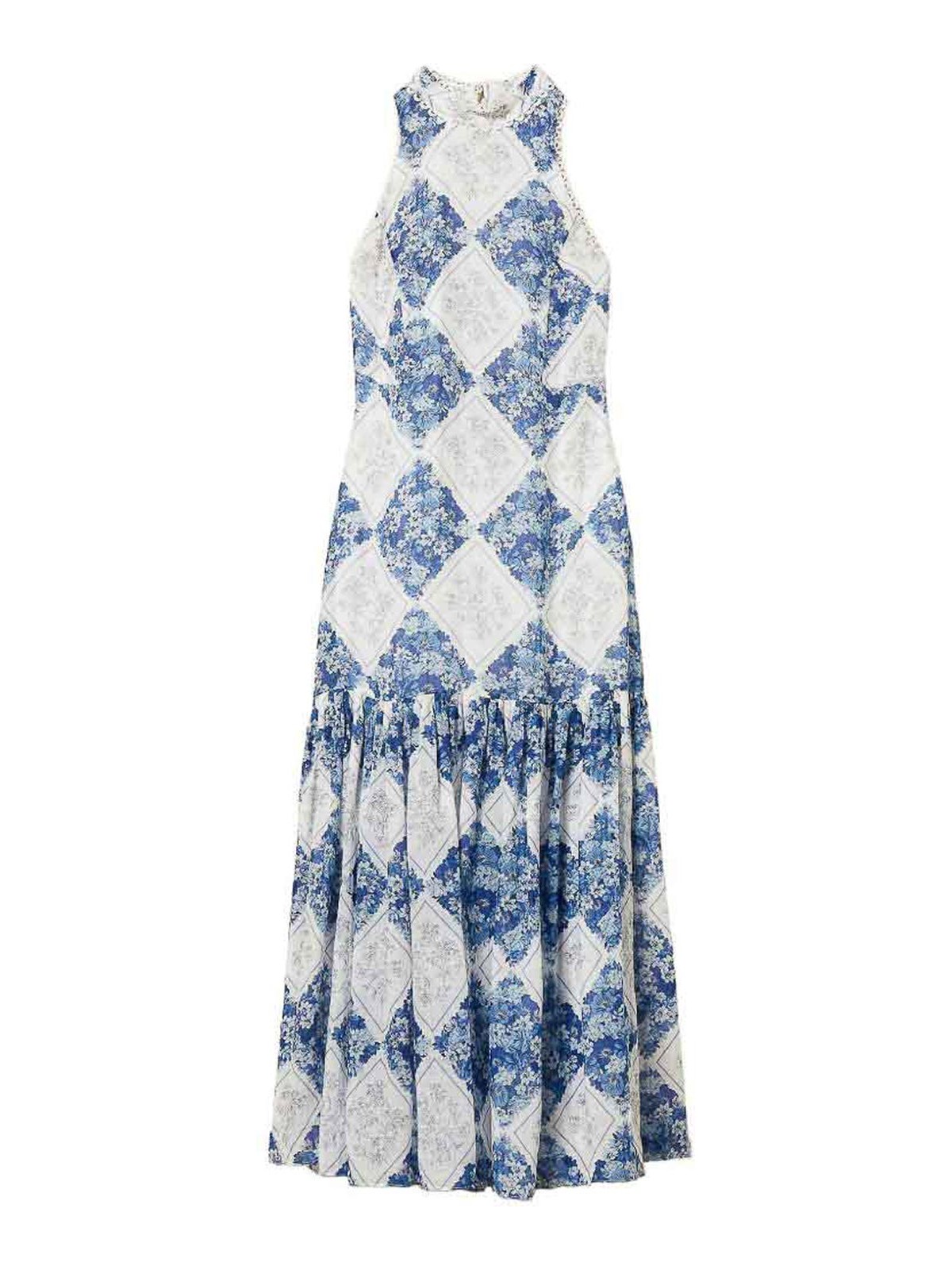 Multicolor Long Dress With High Halter Neck And All-over Floral Print In Tech Fabric Woman
