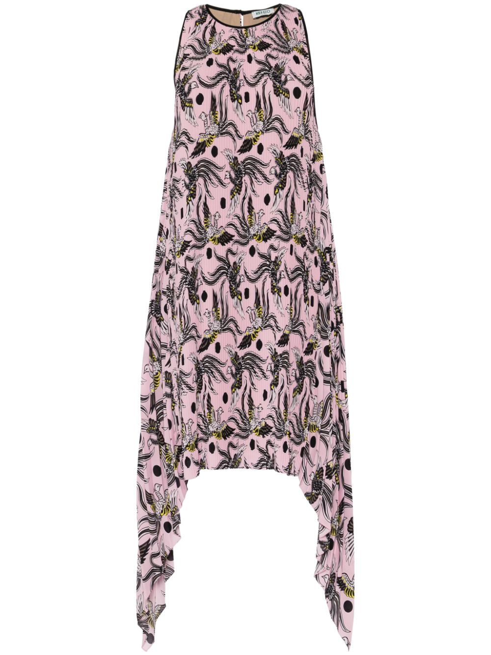 Bird-print plissé midi dress - Pink