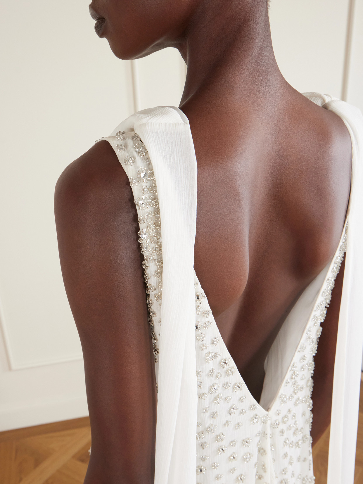 Kaia Scarf-detailed Crystal-embellished Crinkled-chiffon Gown - White