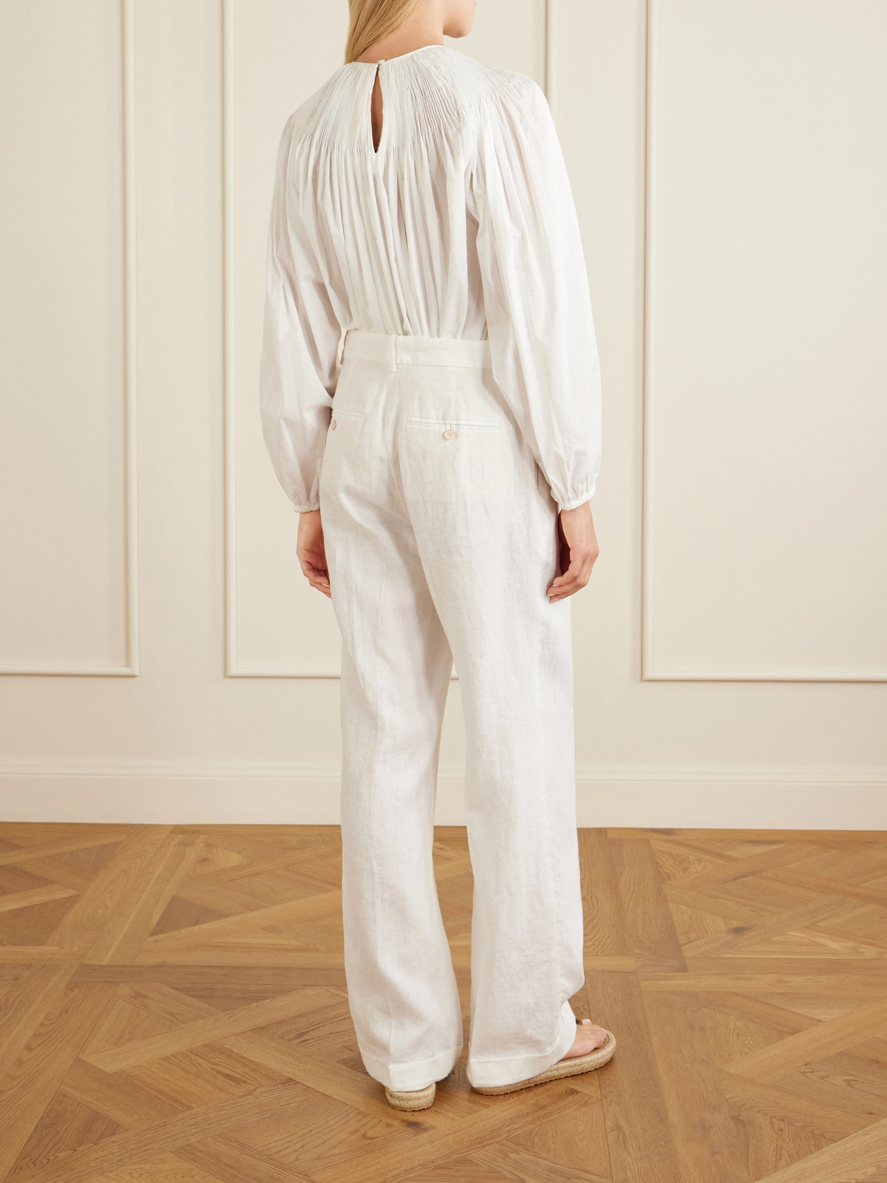 Pleated Linen Straight-leg Pants - White