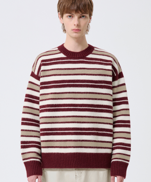 Washable Hairy Stripe Crewneck Knit_Red
