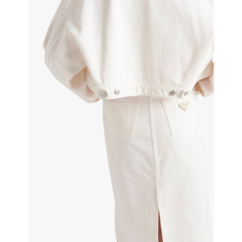 Womens White Brand-plaque Cropped Denim Jacket