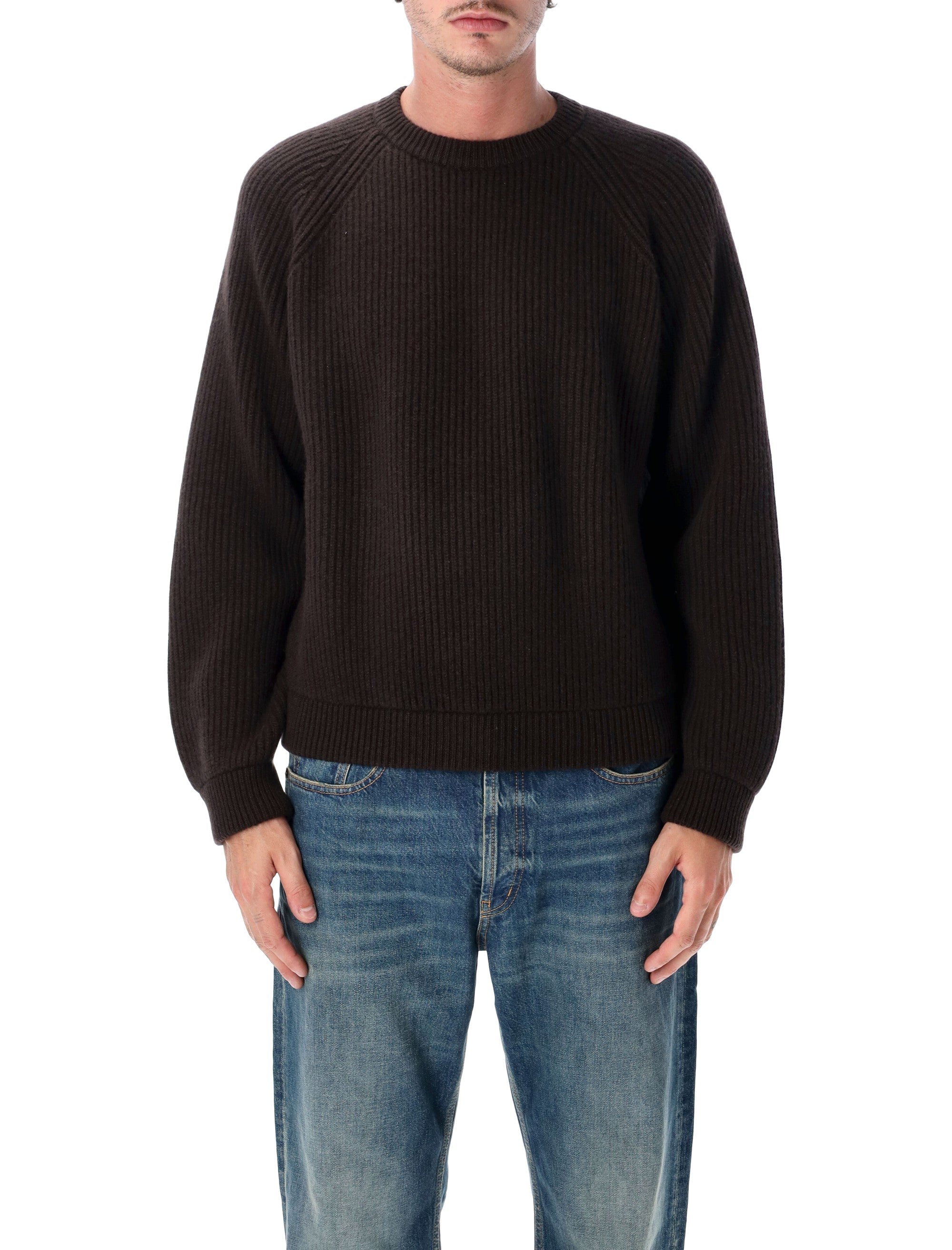 Rib-Knit Cashmere Sweater with Crew Neck & Leather Patch
