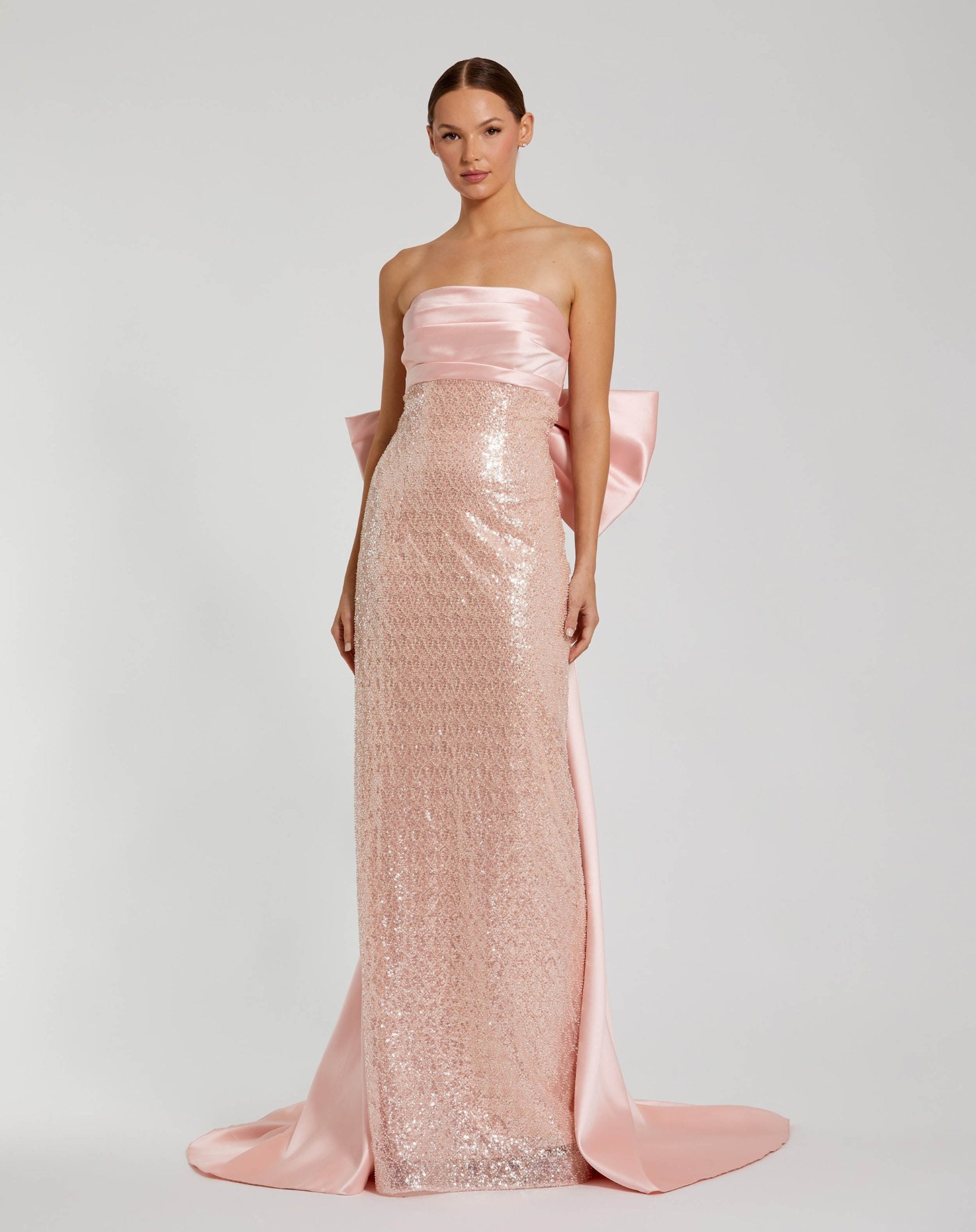 Pink Strapless Embellished Maxi Gown with Back Bow Detail Light Pink