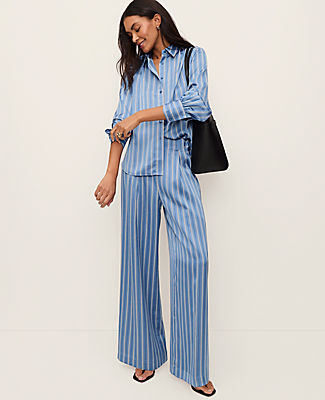 Ann Taylor The Pleated Satin Wide-Leg Pant in Stripes