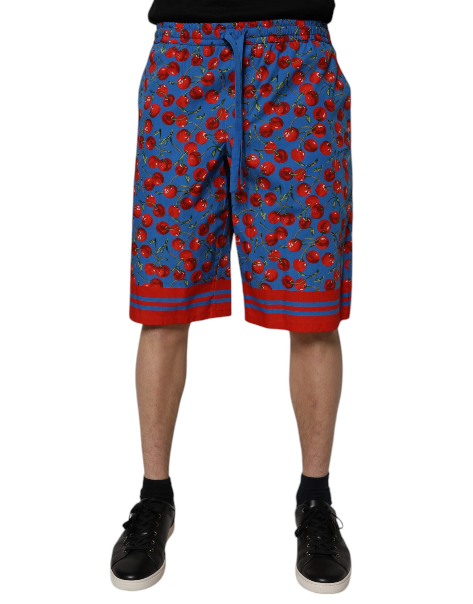 Cherry Print Cotton Bermuda Shorts — Blue